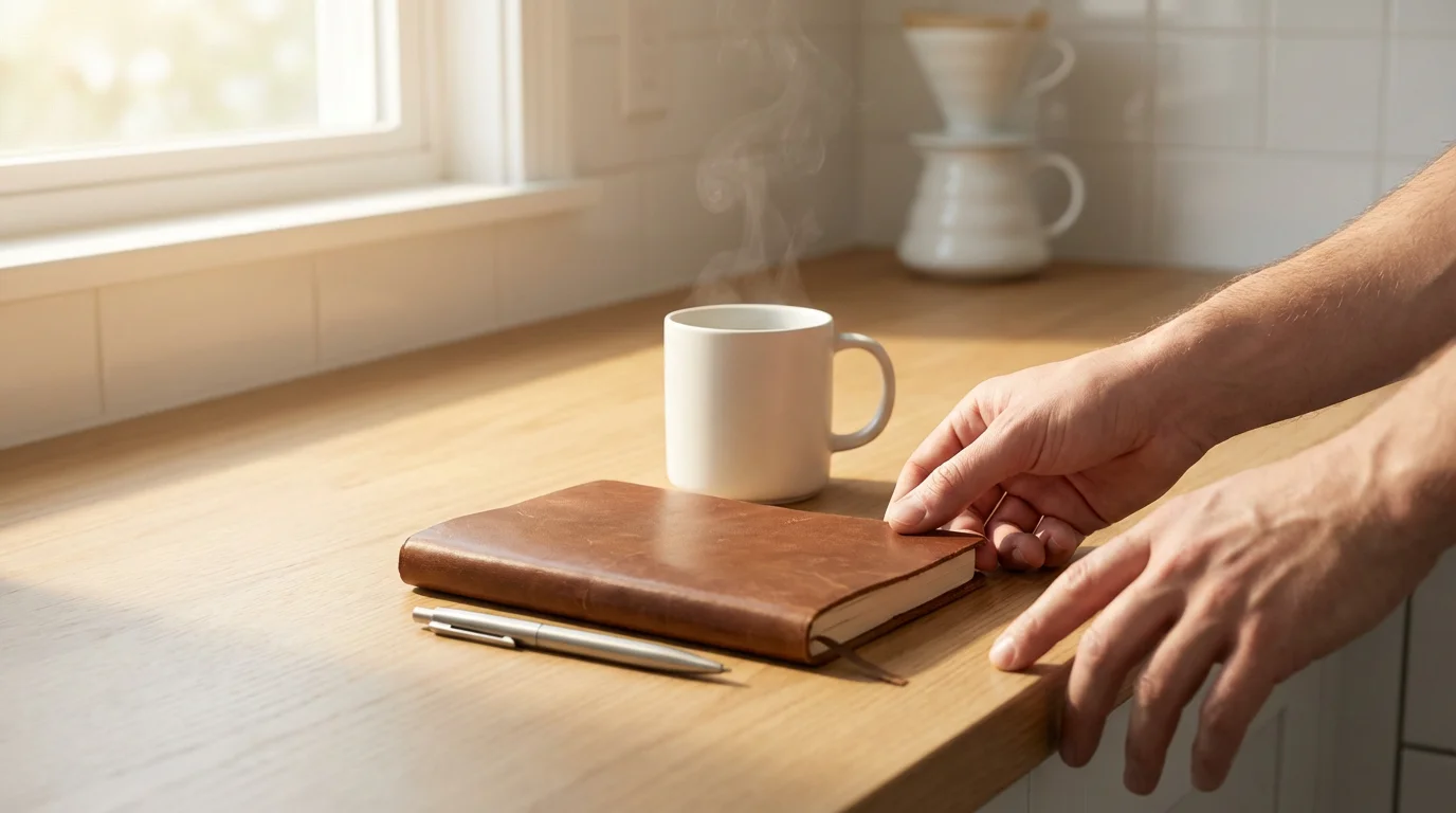 Hands reaching for a journal and coffee mug on a clean wooden counter in soft morning light.