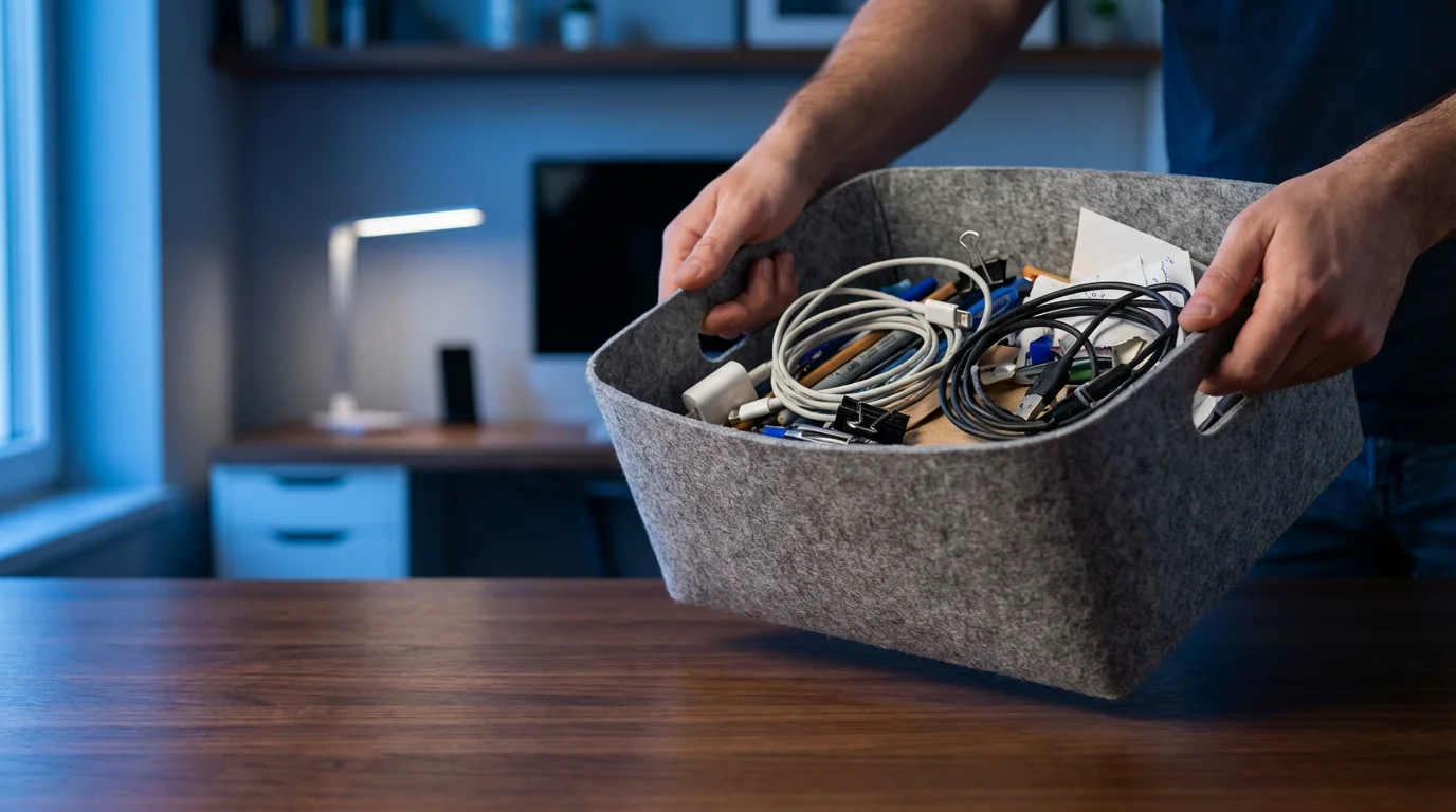 Hands removing a bin of tangled cables from a desk during the evening.