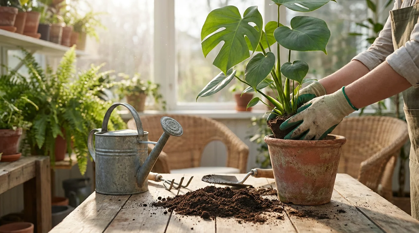 Hands repotting a green plant into a clay pot during a sunny morning.