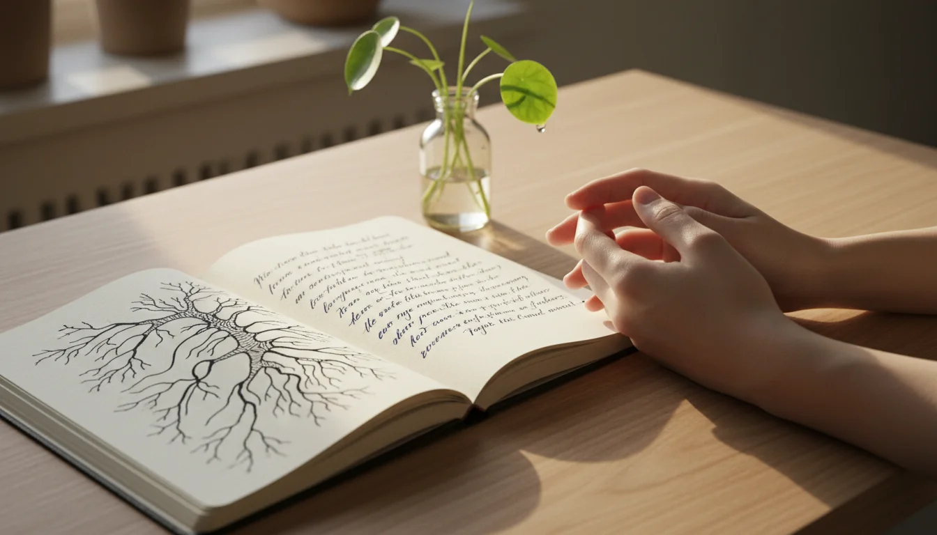 Hands rest near an open journal with an organic brain-like diagram and a small plant on a minimalist desk.