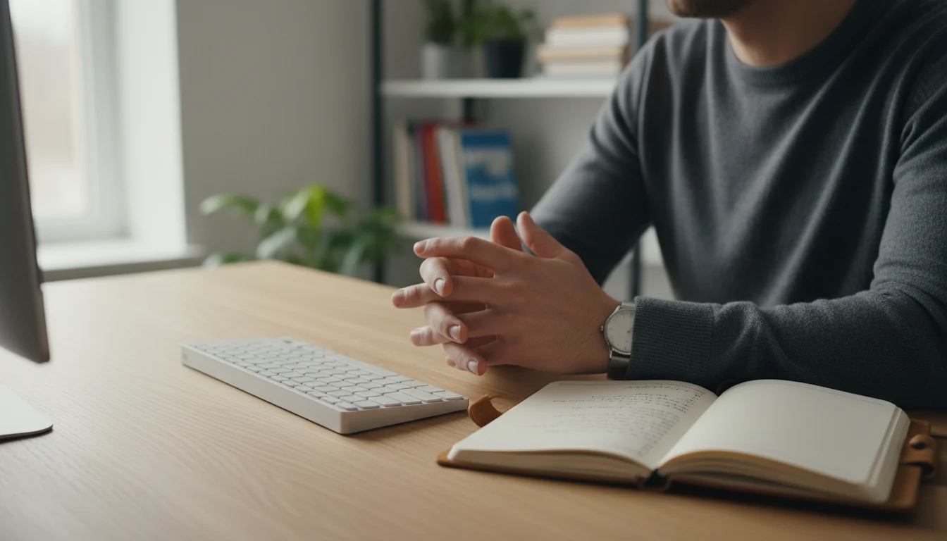 Hands resting on a clean wooden desk beside a keyboard and open notebook, suggesting thoughtful digital problem-solving.