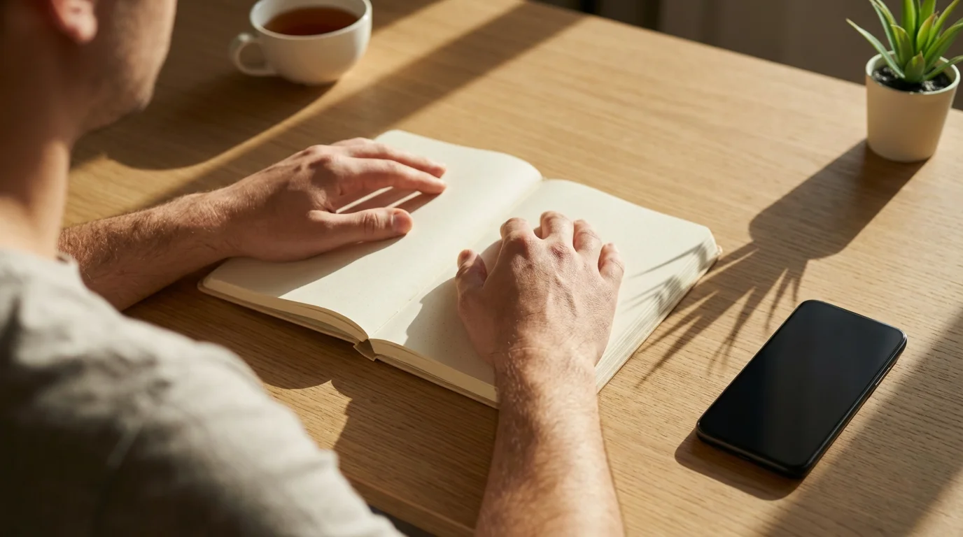 Hands resting gently on a journal on a desk, casting long afternoon shadows.