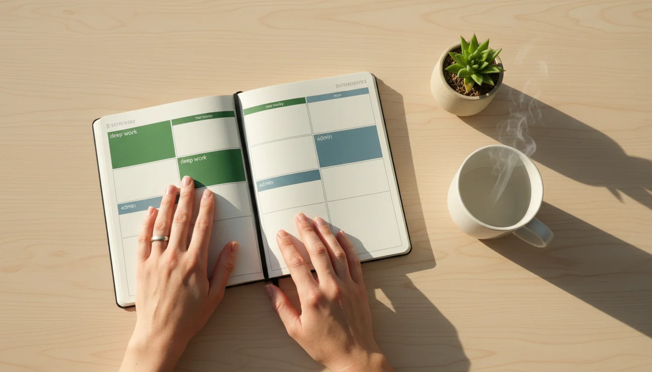 Hands resting on a minimalist paper planner, displaying a color-coded weekly schedule for focused work, on a light wood desk with a tea mug.