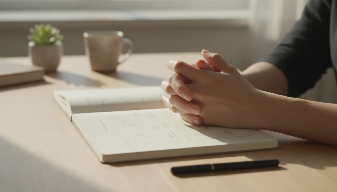 Hands resting on an open journal with faint notes on a minimalist wooden desk, bathed in natural light.