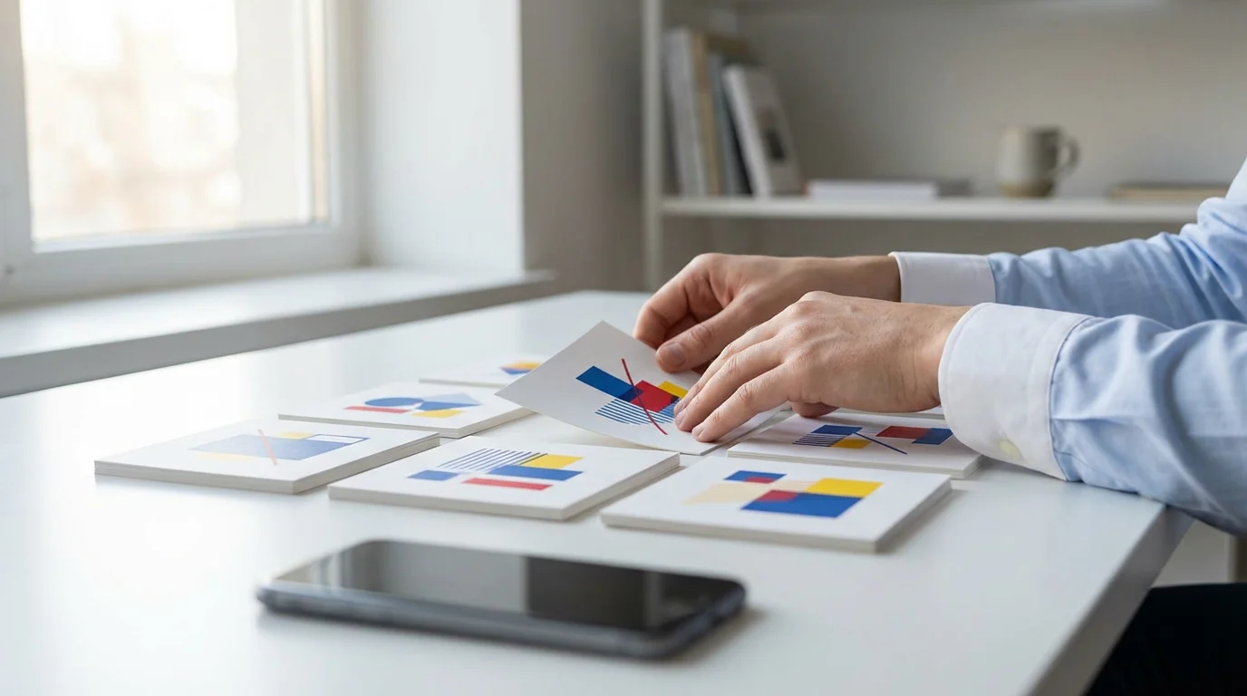Hands reviewing abstract strategy cards on a clean white desk in soft morning light.