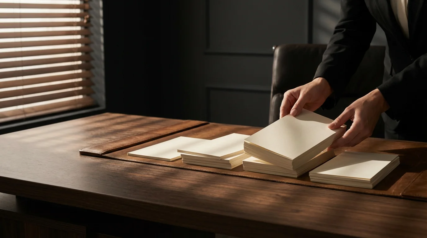 Hands separating a stack of blank cards into smaller distinct piles on a dark desk with dramatic afternoon shadows.