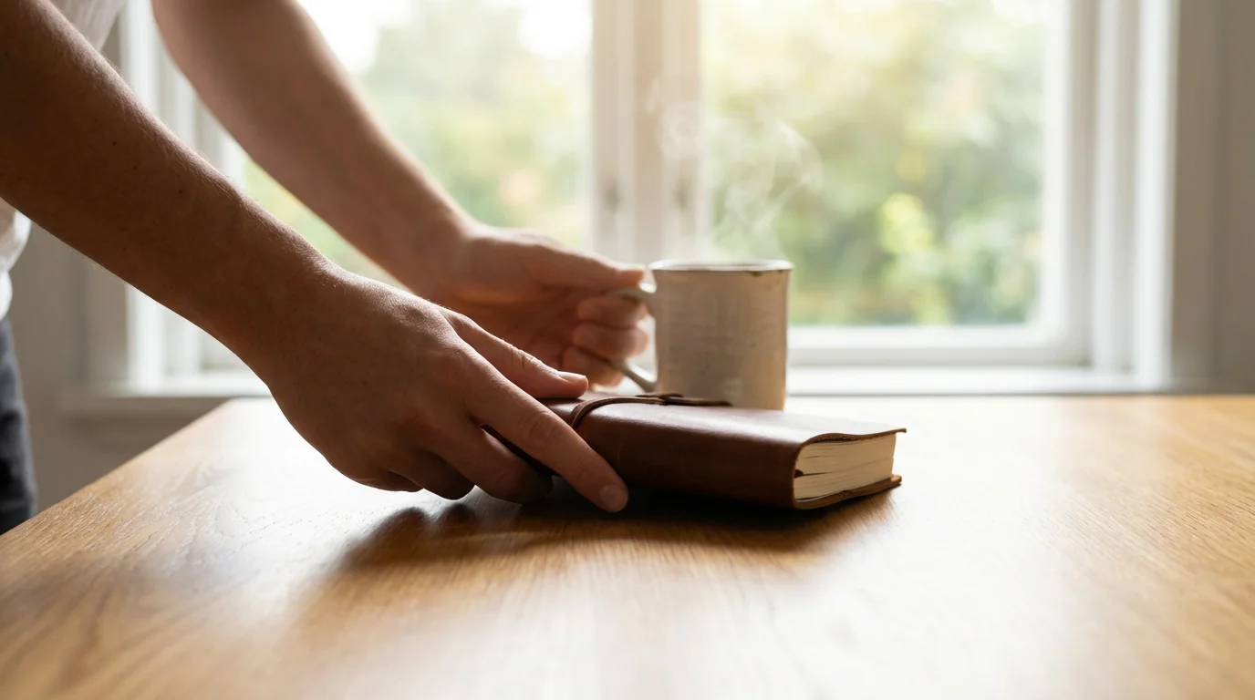 Hands setting down a journal and coffee mug on a desk in soft morning light.