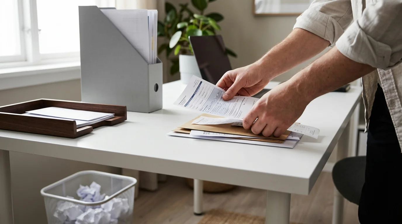Hands sorting paper clutter on a minimalist desk under soft natural window light.