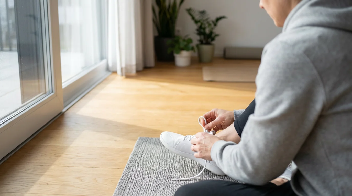 Hands tying running shoe laces on a wooden floor in bright natural light, symbolizing identity-based habits.