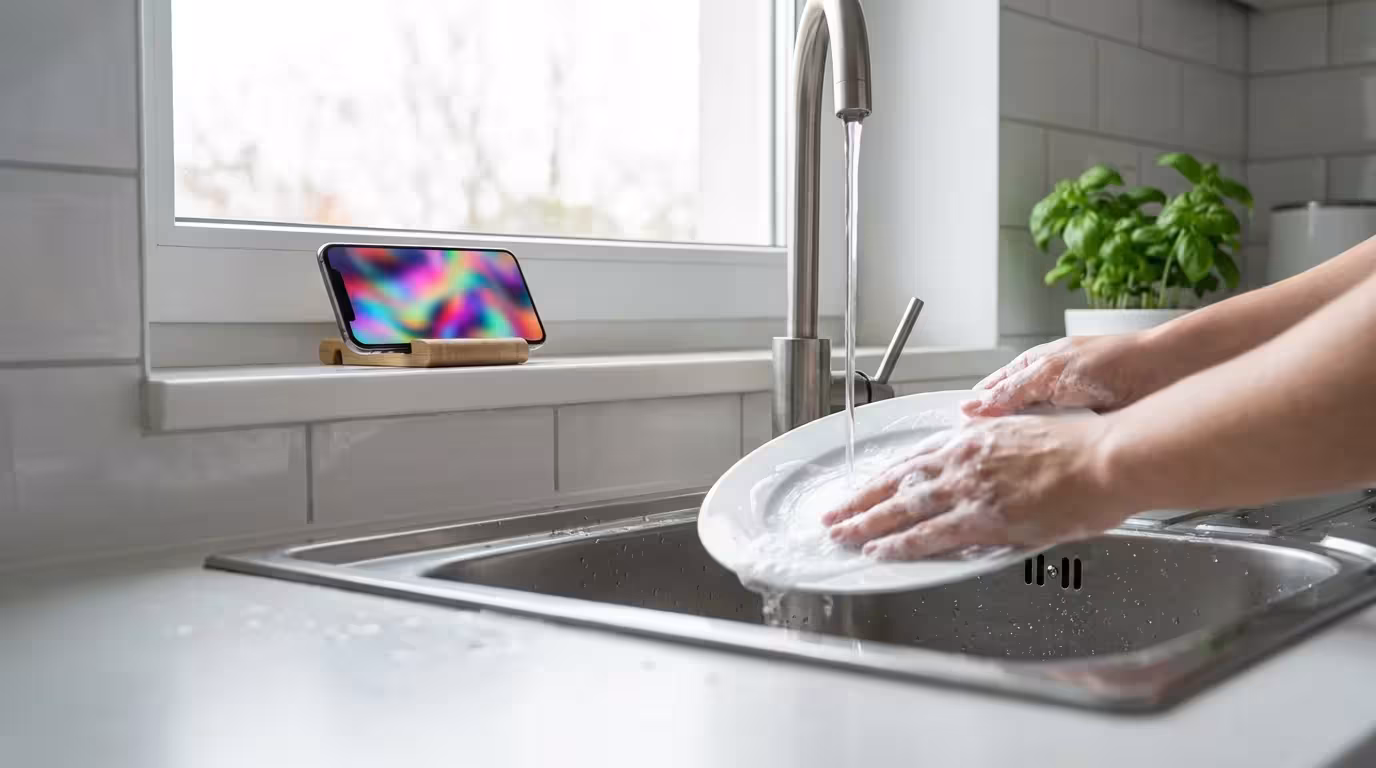 Hands washing dishes in a sink while a smartphone plays video on the window ledge.