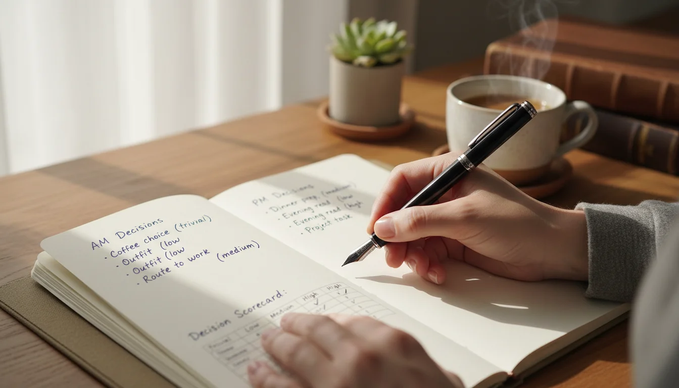 Hands writing categorized daily decisions in a simple notebook with a fountain pen, next to a blurred ceramic mug.