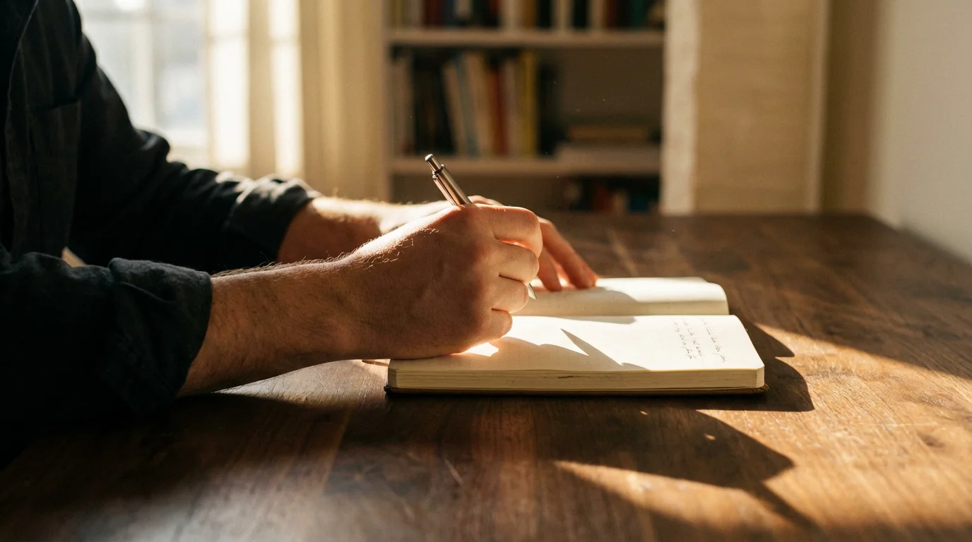 Hands writing in a small gratitude journal on a desk bathed in moody afternoon sunlight and shadows.