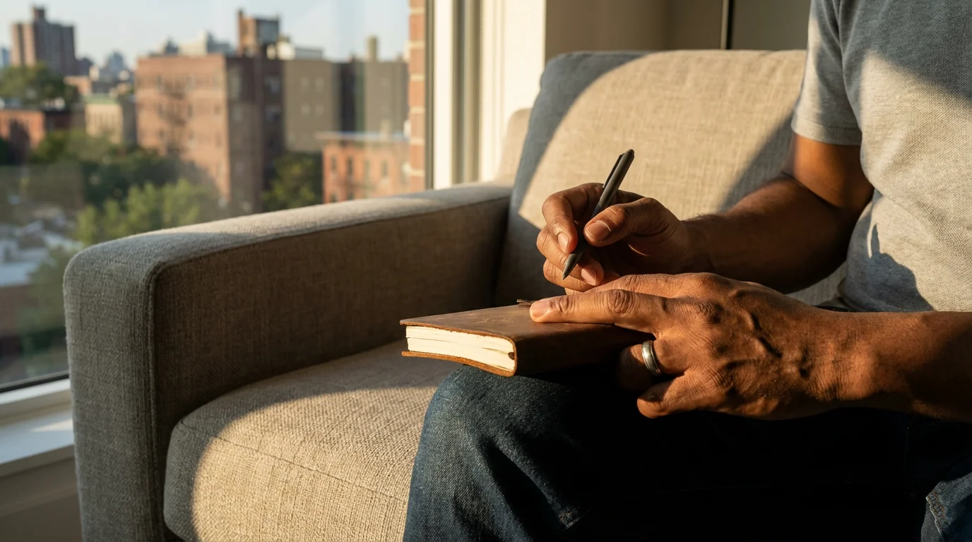 Hands writing in a small leather journal under moody afternoon light, symbolizing consistent routines.