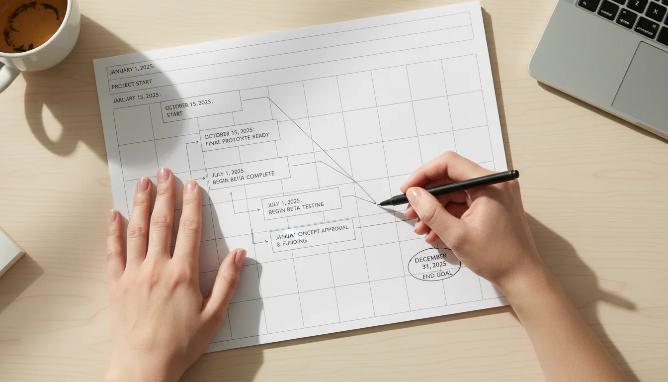 Hands writing a reverse timeline on a clean planner page, marking a final goal and then the preceding steps.