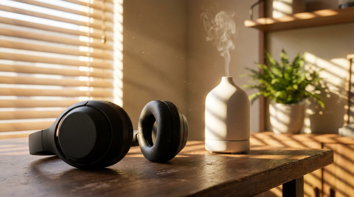Headphones and aroma diffuser on a wooden desk with dramatic afternoon shadows.