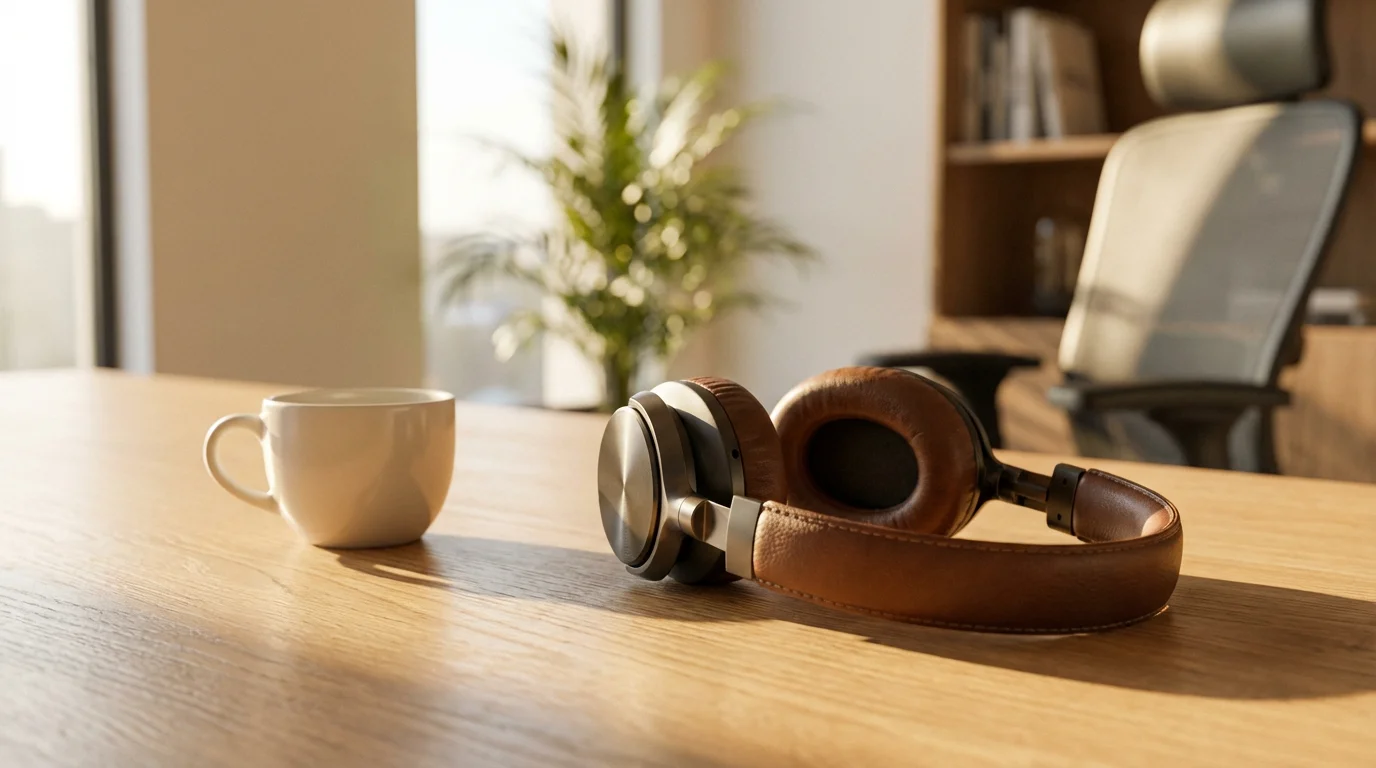 Headphones and coffee cup on a sunny minimalist desk representing productivity strategies.