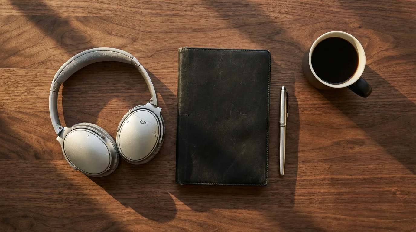 Headphones and notebook on walnut desk with dramatic shadows.