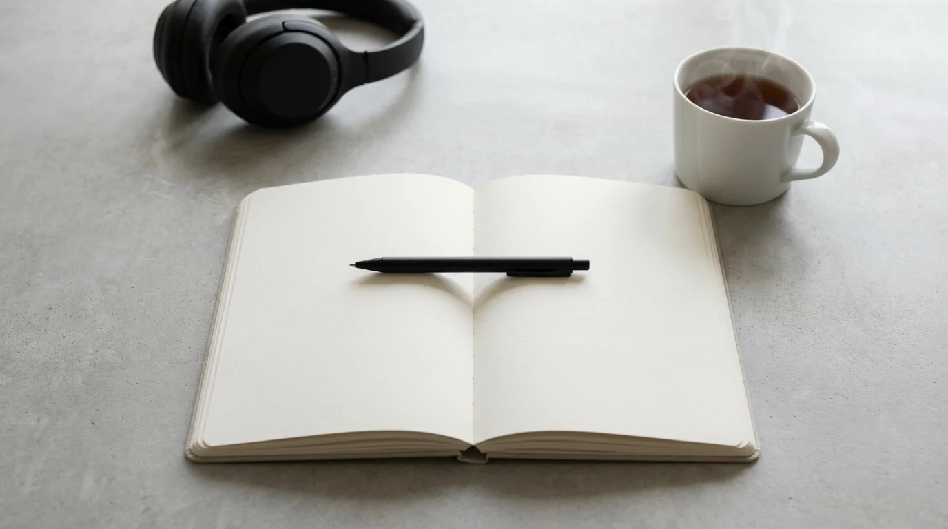High angle flat lay of a journal, black pen, steaming tea mug, and headphones for a morning planning ritual.