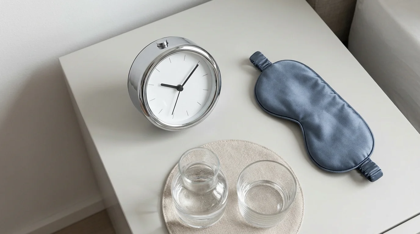High angle flat lay of a minimalist bedside setup featuring an analog alarm clock and silk sleep mask.