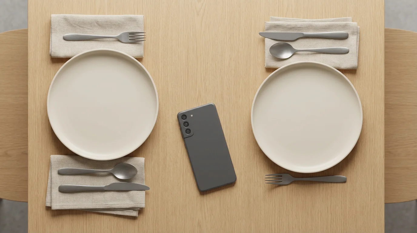 High angle flat lay of a modern dining table setting with a face-down smartphone.