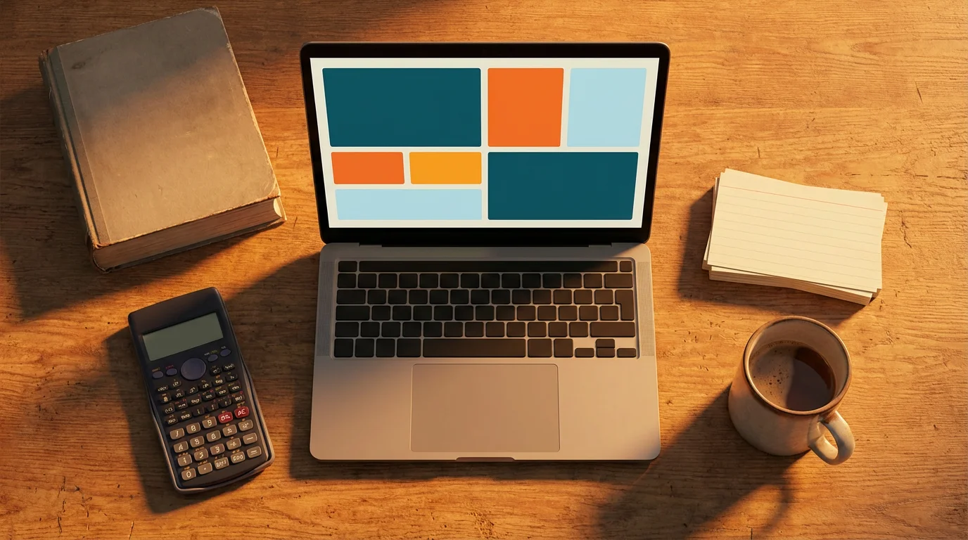 High angle flat lay of a student's desk showing a complicated, color-coded digital calendar.