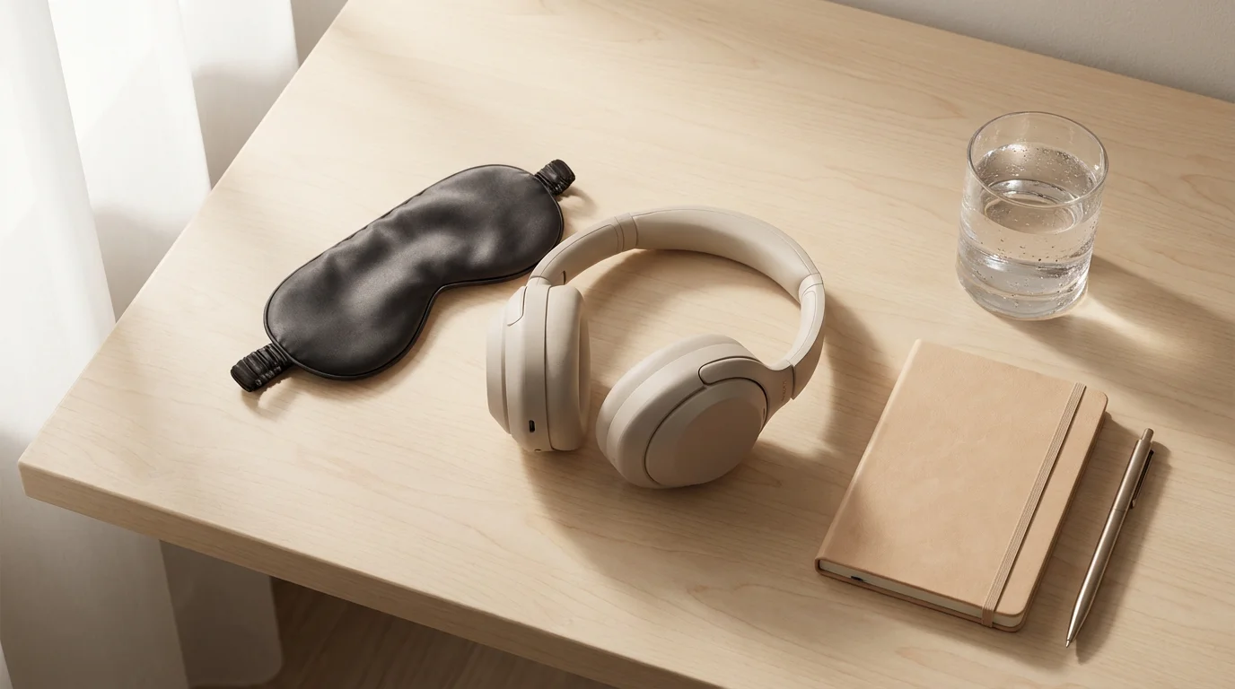 High-angle flat lay of headphones, silk eye mask, and water glass on a clean wooden desk, symbolizing strategic rest.