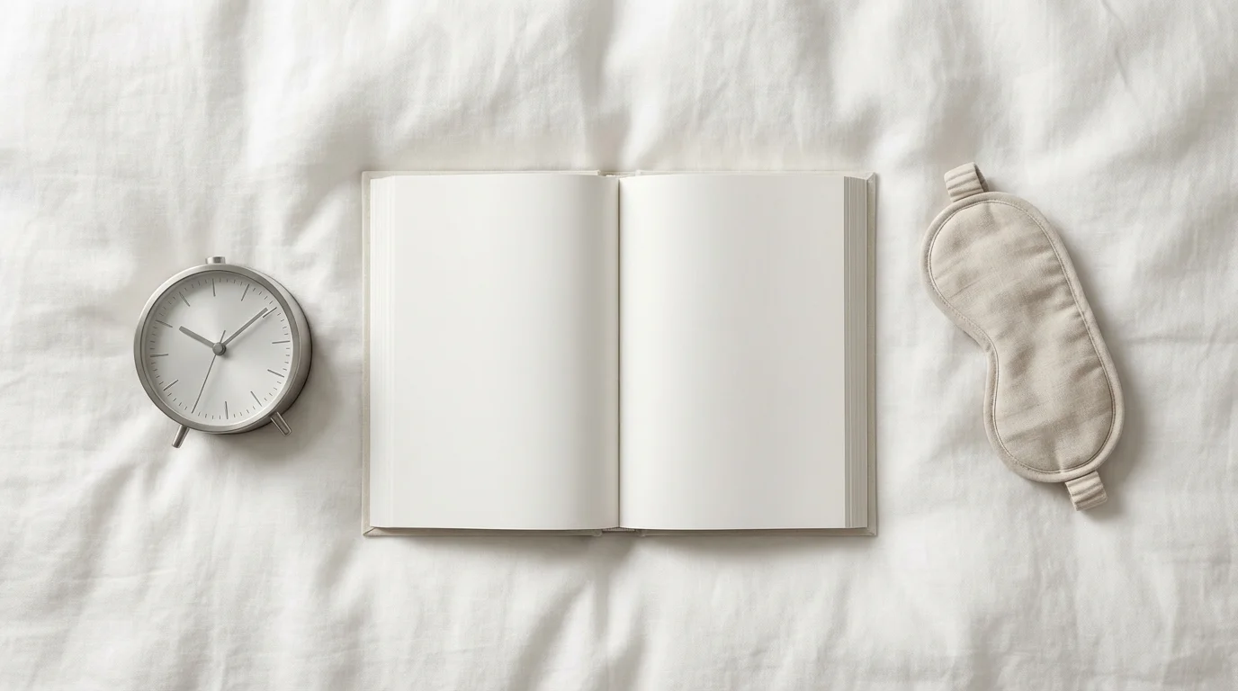 High angle flat lay photograph of analog alarm clock, book, and sleep mask on white linen duvet.