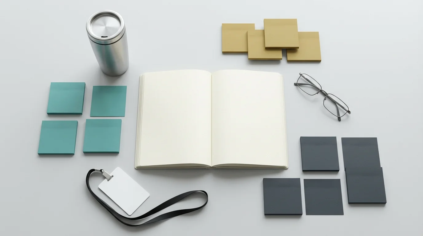 High angle flat lay photograph showing a hybrid worker's desk tools and color-coded sticky notes for themed days.