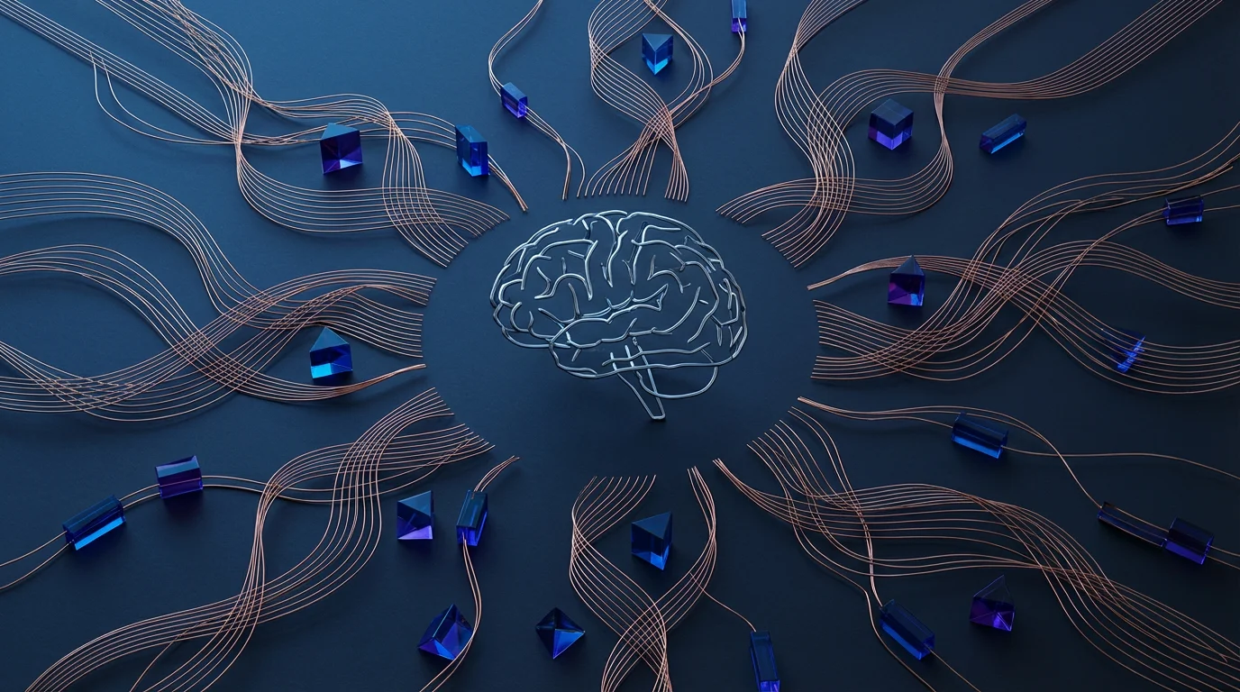 High-angle flat lay photograph showing an abstract silver brain model connected by glowing wires on a dark surface.