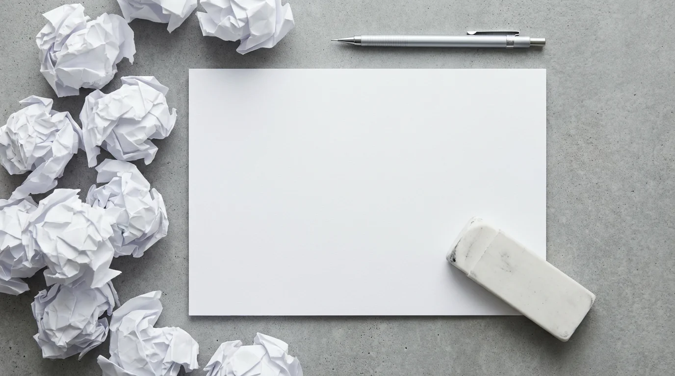 High angle flat lay photograph showing an eraser and crumpled paper symbolizing stalled perfectionism and over-revising.