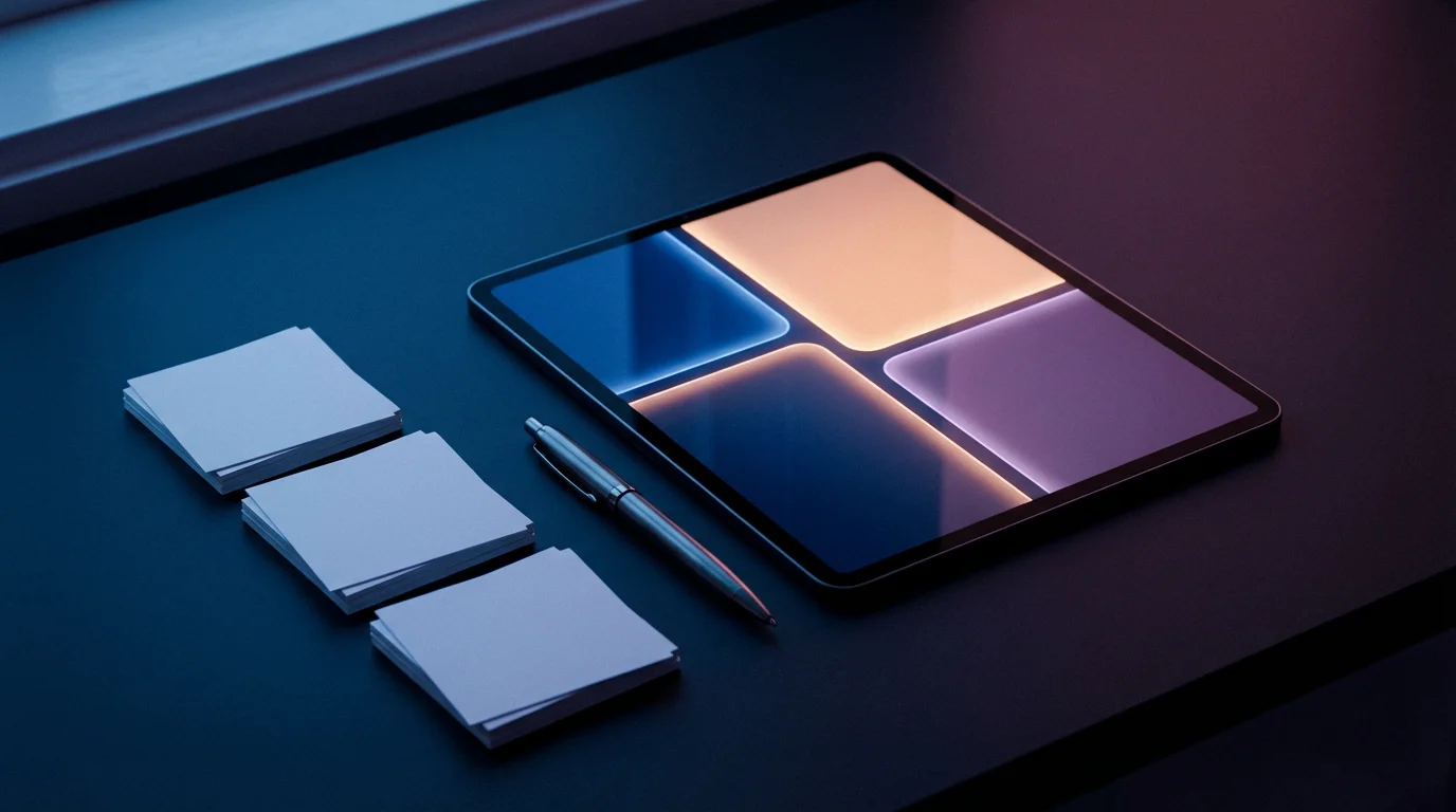 High angle flat lay showing a desk with a processing tablet, decision cards, and pen under blue hour light.