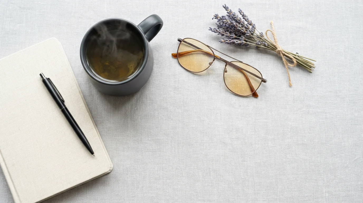 High-angle flat lay showing a relaxation kit: journal, herbal tea, and blue-light glasses on linen.