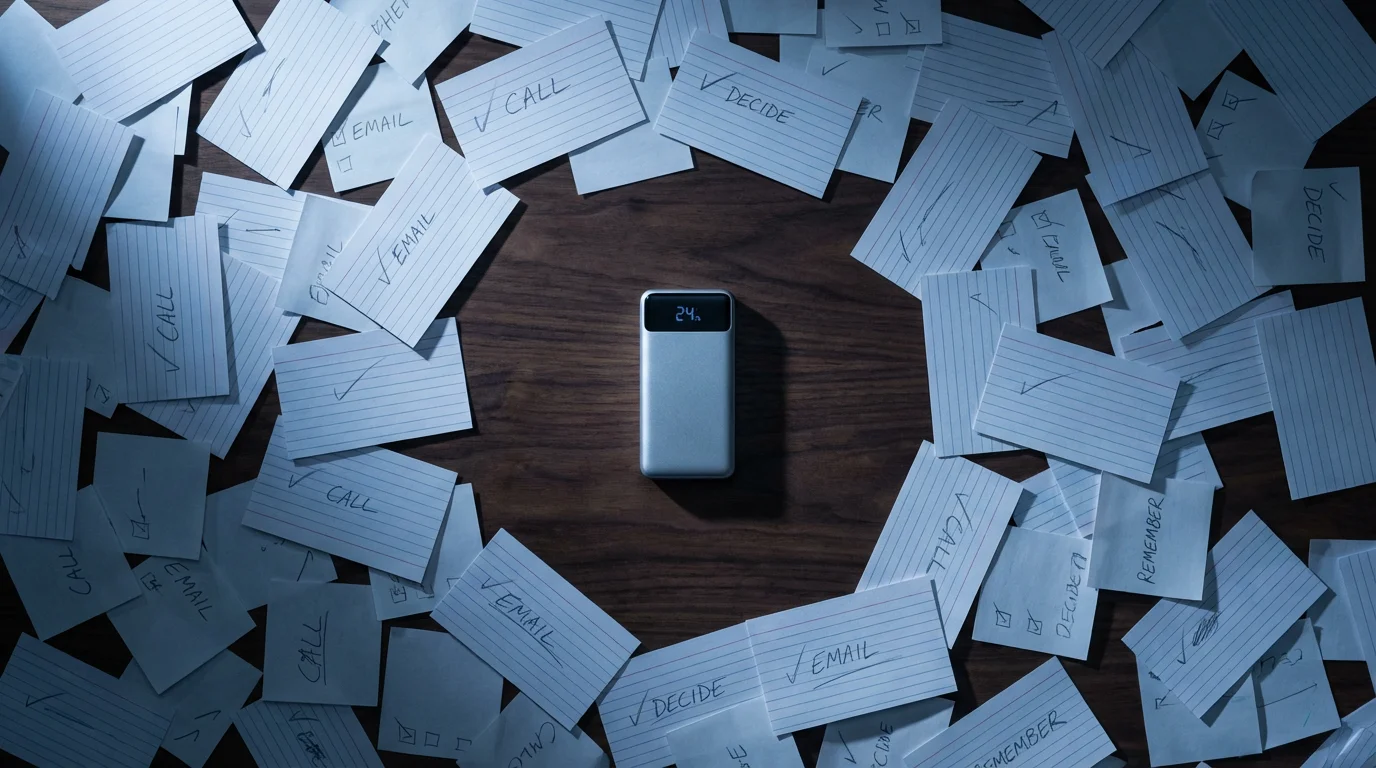 High angle flat lay showing a single battery surrounded and overwhelmed by many scattered to-do list notes.