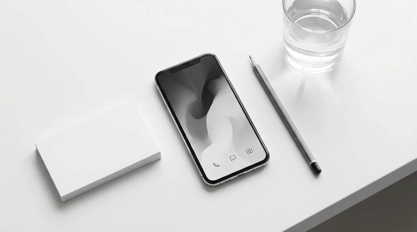 High angle flat lay showing a smartphone with a minimalist, curated home screen layout.