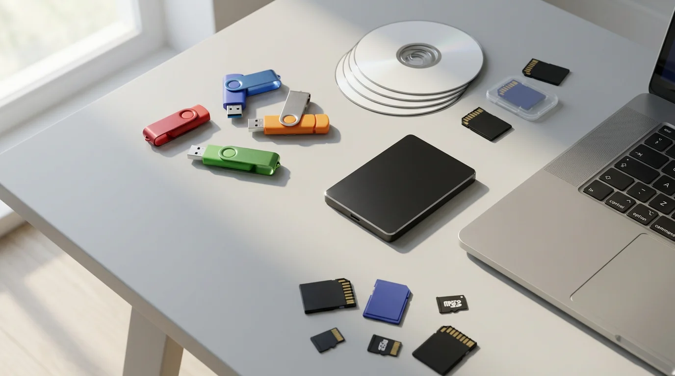 High-angle flat lay showing old USB drives, memory cards, CDs, and a modern SSD for file centralization.