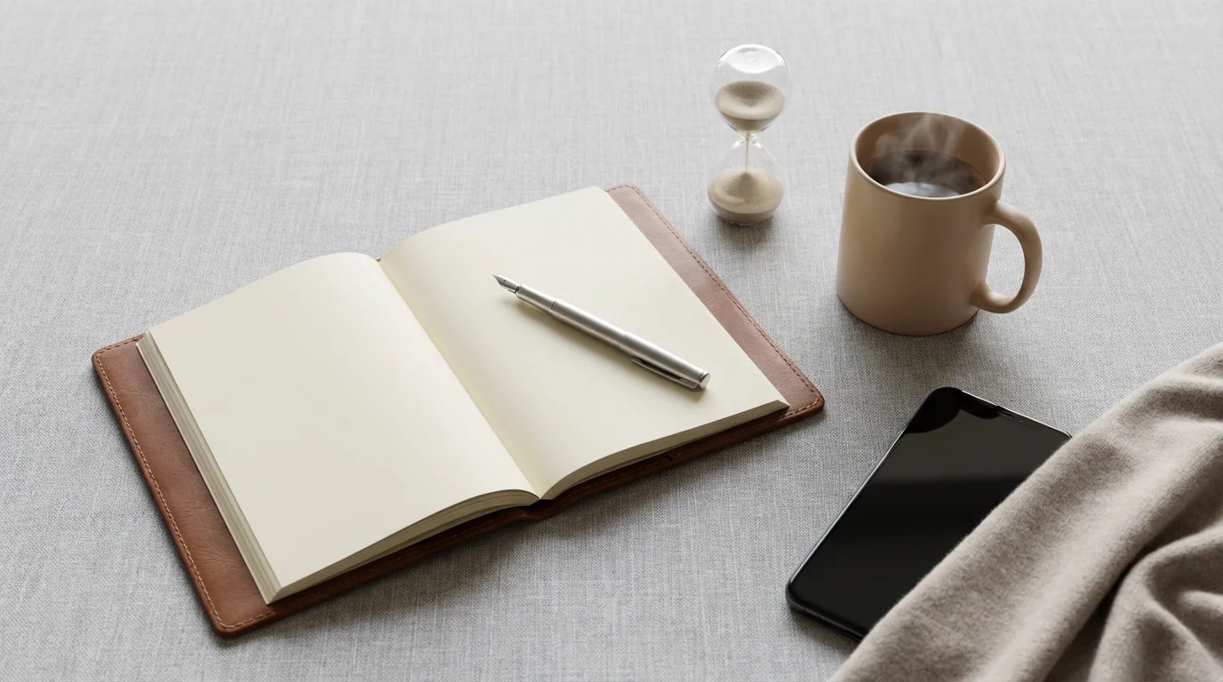 High angle flat lay showing scheduled device-free time with journal, hourglass, and face-down phone.