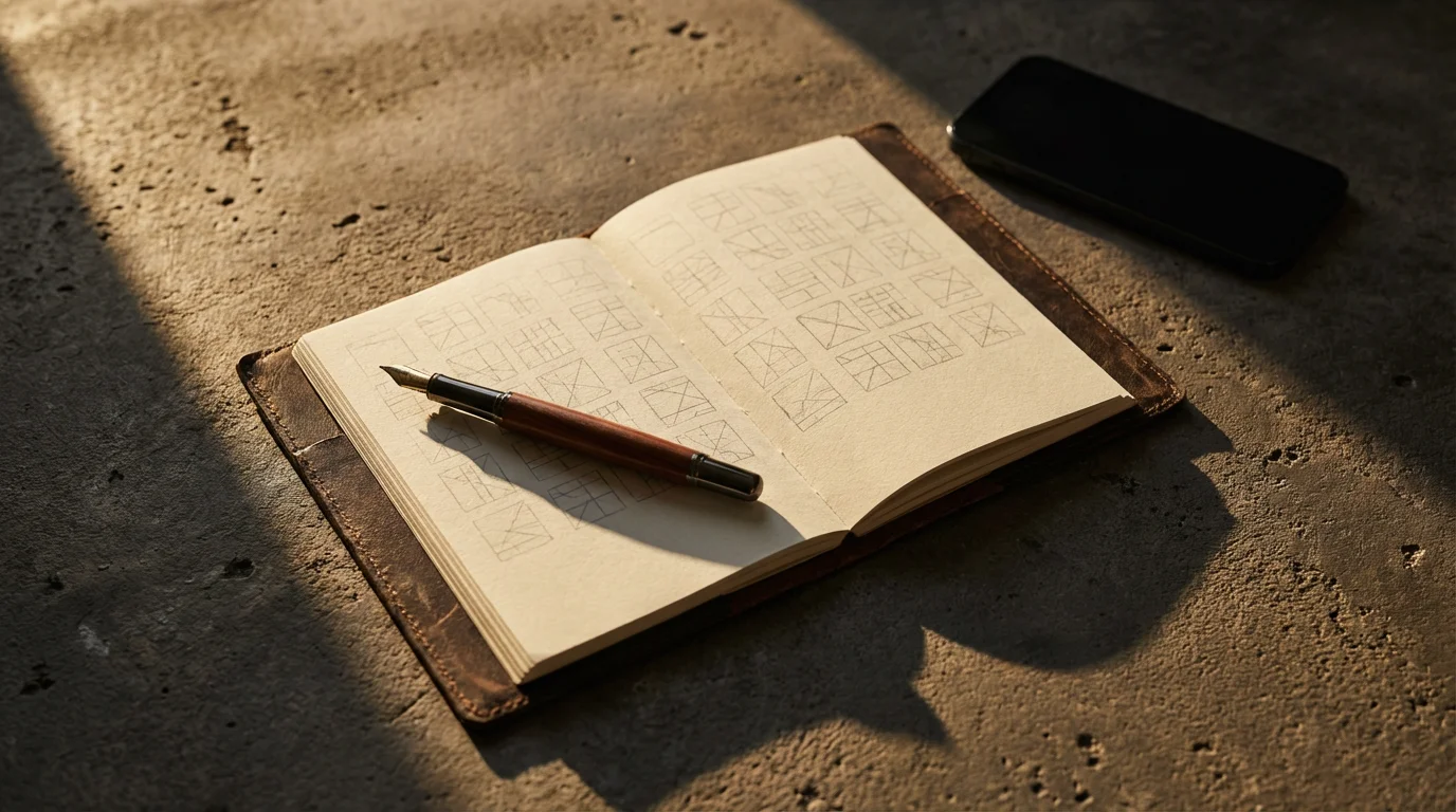 High angle, moody flat lay of a structured desk setup with a physical planner and deep shadows.