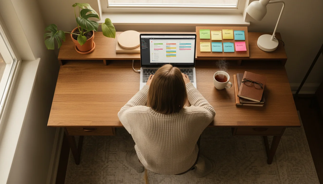 High-angle view of a person at a neatly organized desk with a laptop displaying a task list and color-coded sticky notes for prioritization.