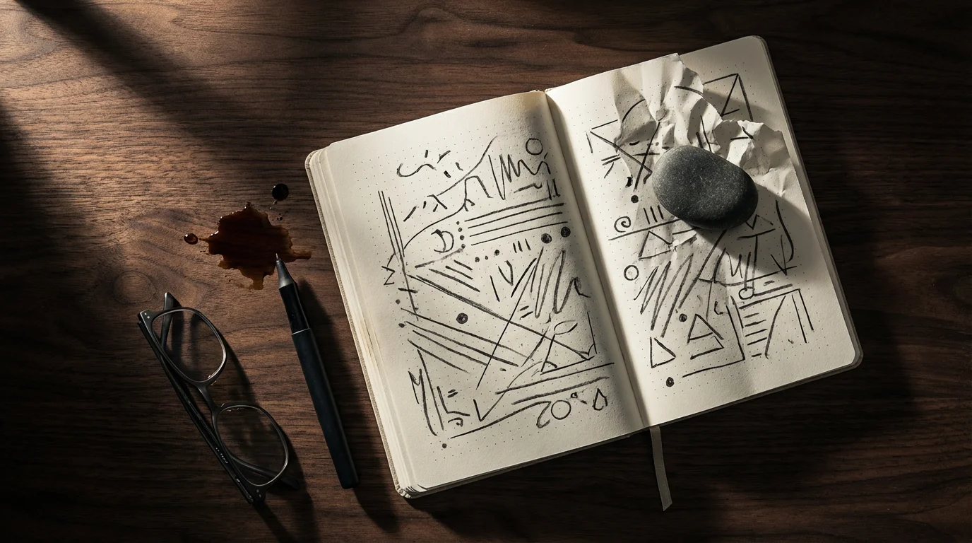 High angle photo of a crumpled notebook, a dark stone, and spilled liquid on a wooden desk.