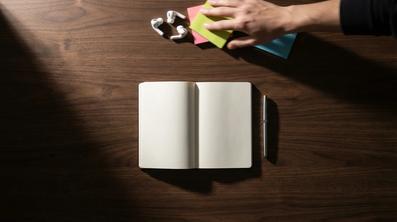 High angle photo of a professional minimalist desk, showing clutter being swept away.