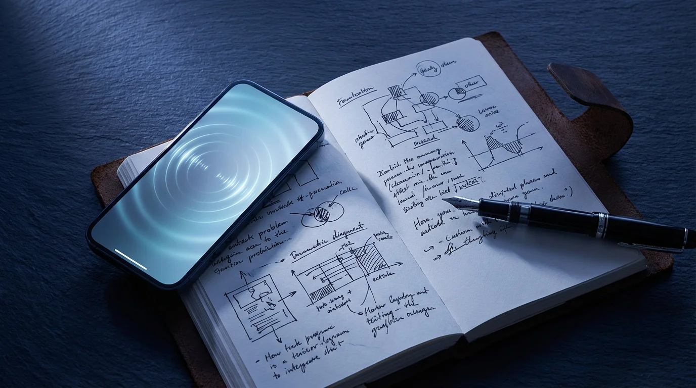 High angle photo of a ringing smartphone interrupting deep writing in an open journal at blue hour.