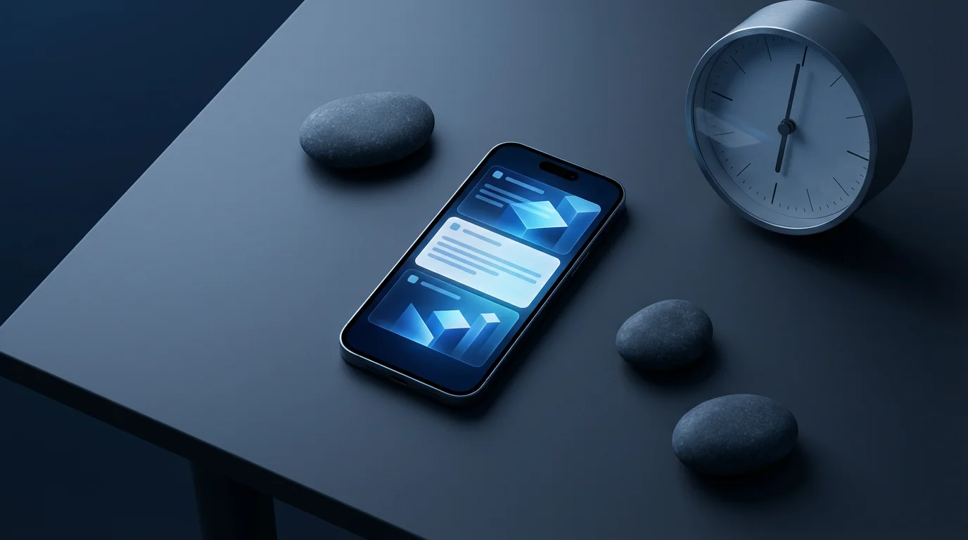 High-angle photo of a smartphone displaying batched notifications next to an analog clock under cool blue hour lighting.
