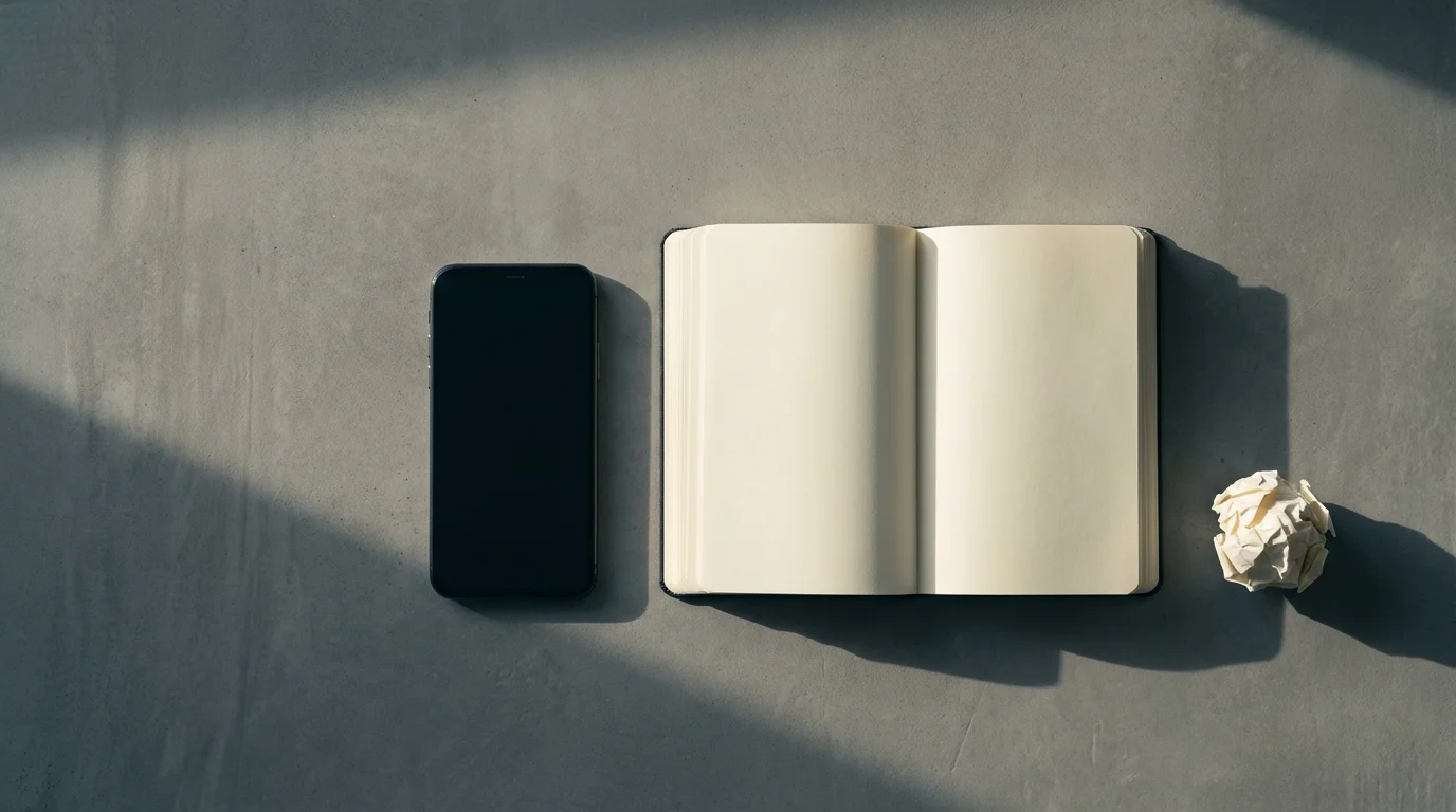 High angle photo of a smartphone screen-down next to a blank notebook on a gray desk.