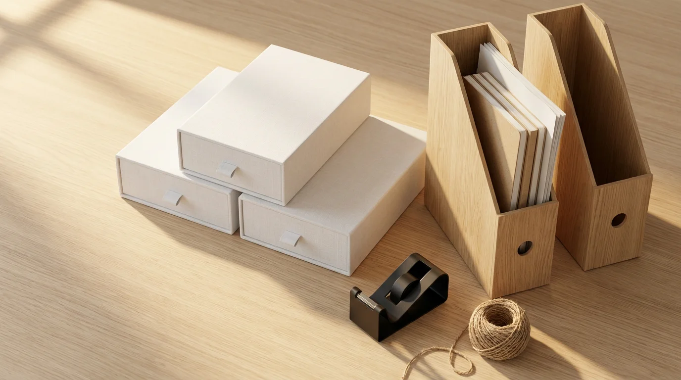 High-angle photo of minimalist, low-cost white storage boxes and wood magazine files on a desk.