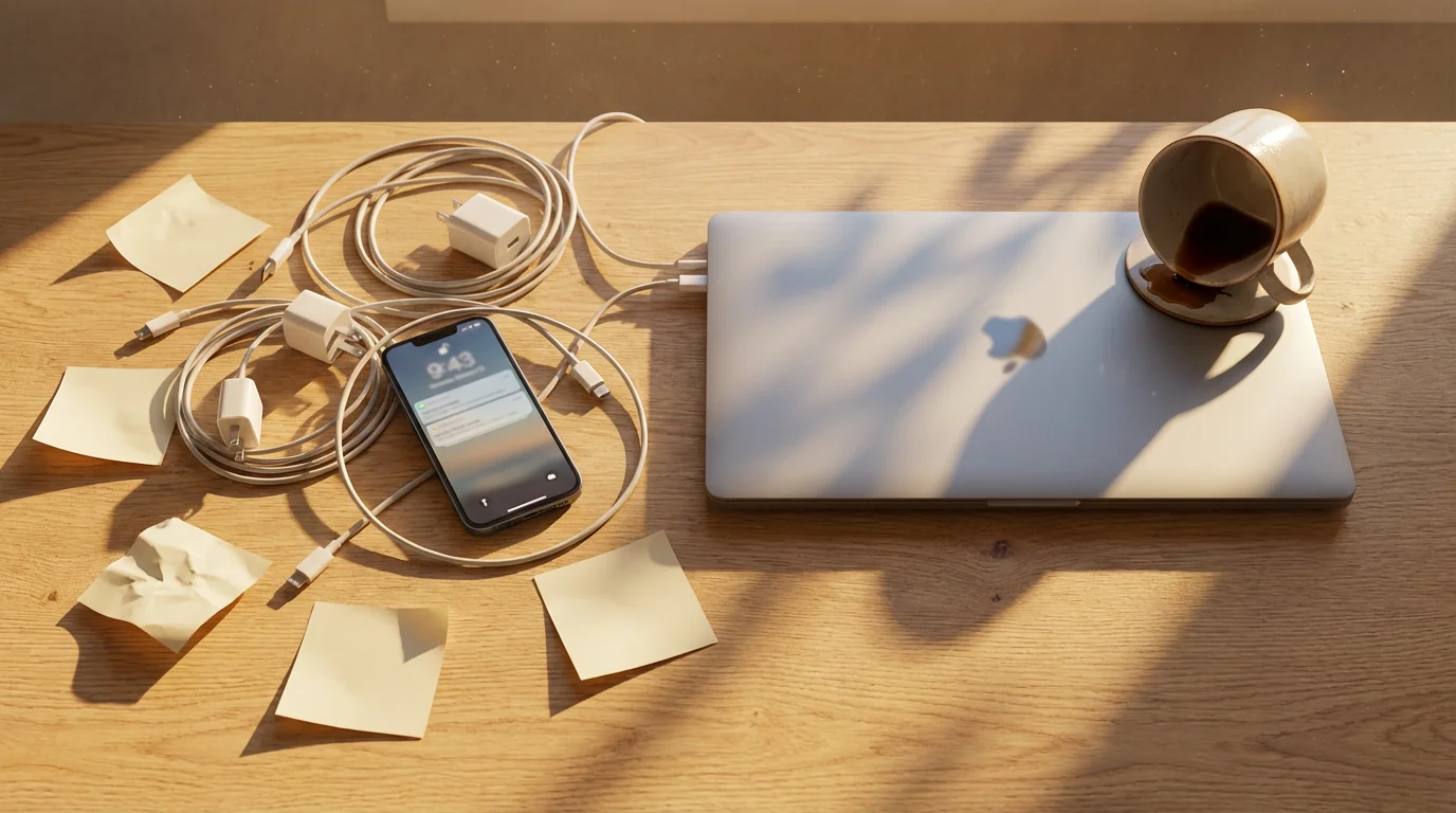 High angle photograph of a cluttered desk with tangled cables and crumpled notes, symbolizing mental overload.