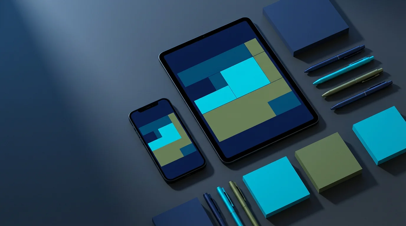 High angle photograph of a color-coded digital calendar organization on a tablet and phone in blue hour light.