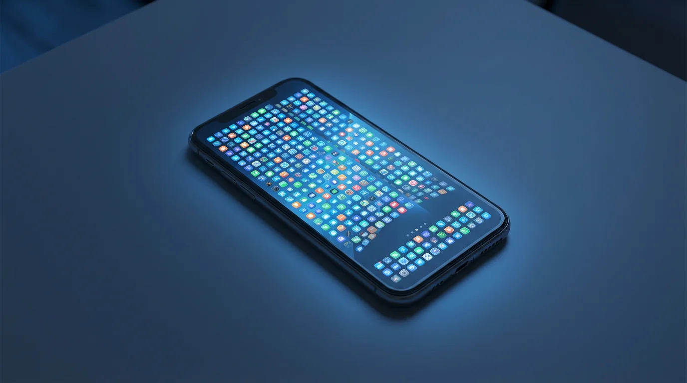 High-angle photograph of a smartphone screen densely cluttered with hundreds of colorful, generic application icons.