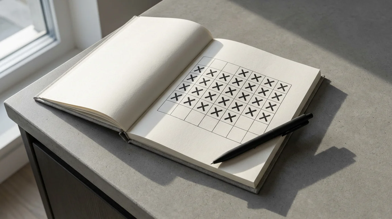 High angle photograph of an open journal showing an unbroken chain of habit tracking progress.