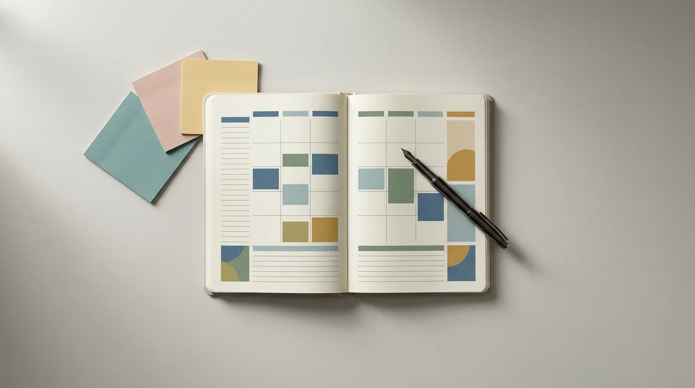 High angle photograph of an open weekly planner, pen, and three overlapping sticky notes on a clean desk.