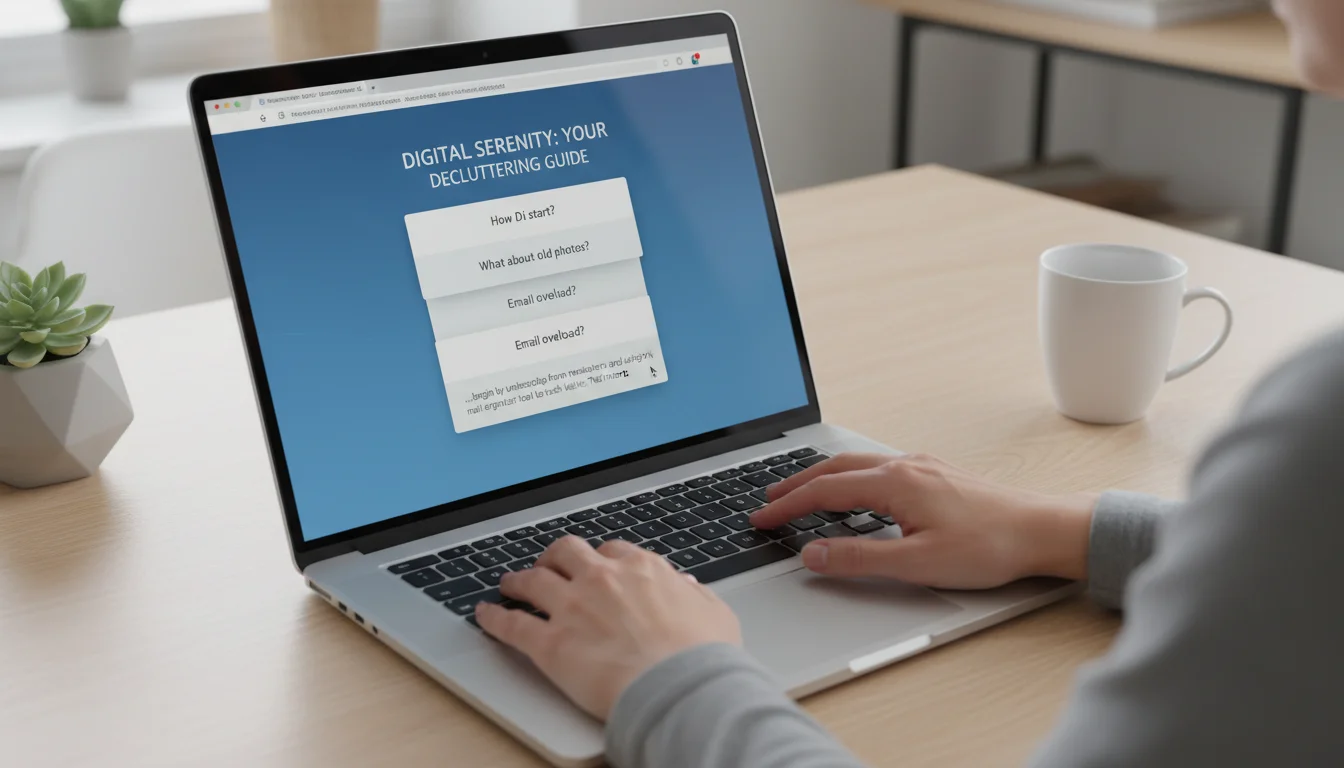 A high-angle view of a professional's hands on a laptop keyboard, showing a digital decluttering FAQ on screen on a clean desk.